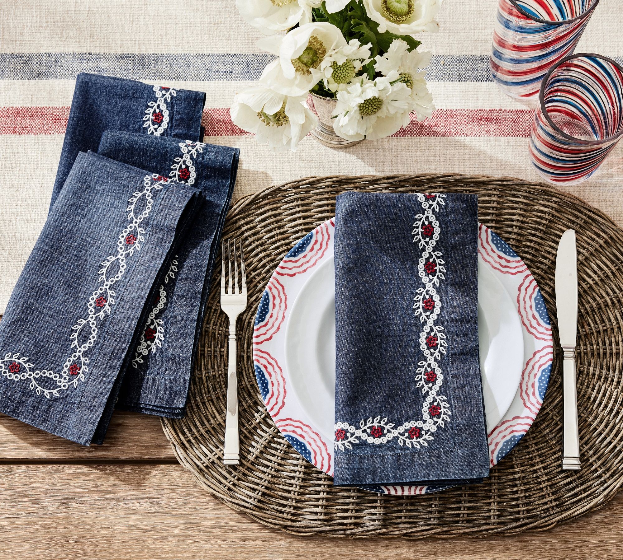 Denim Embroidered Cotton Napkins - Set of 4