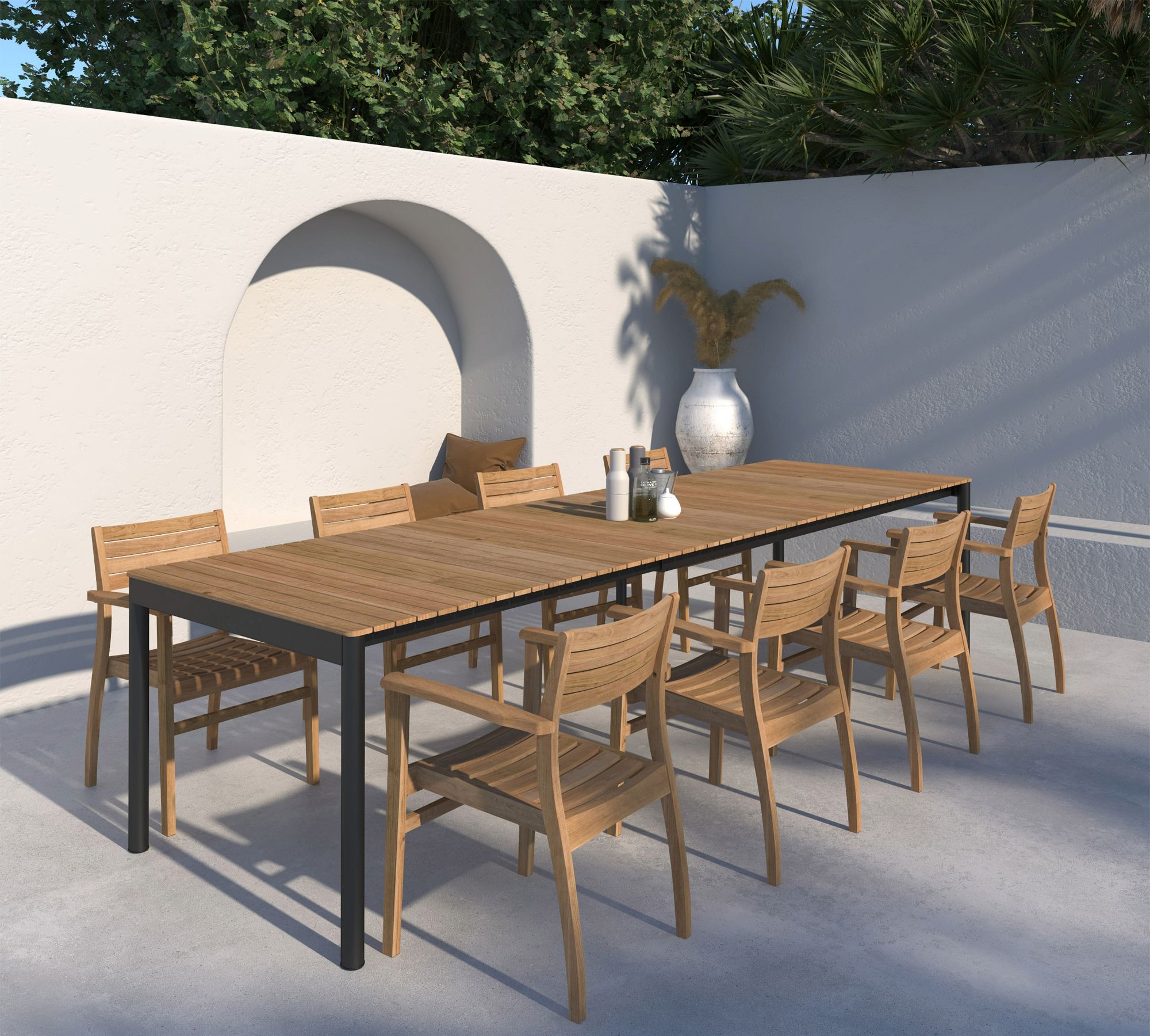 Zia Teak Rectangular Extending Outdoor Dining Table with Monza Stackable Dining Armchair Set