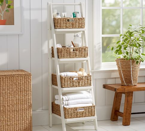 Ladder shelf with laundry basket sale