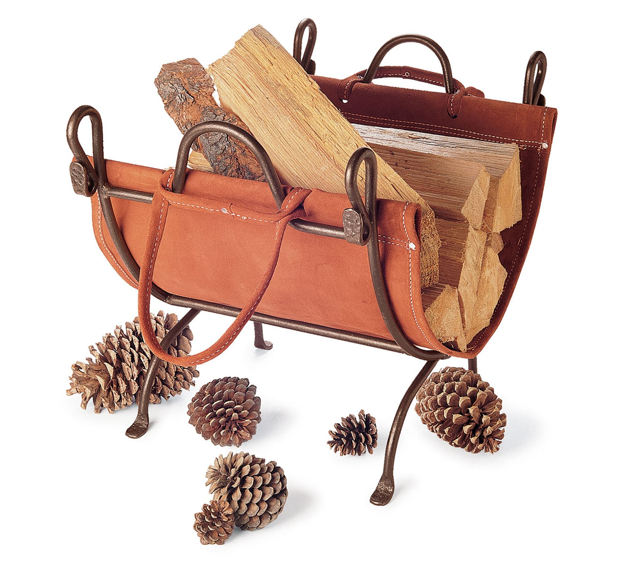 Leather Log Carrier with Folding Metal Stand