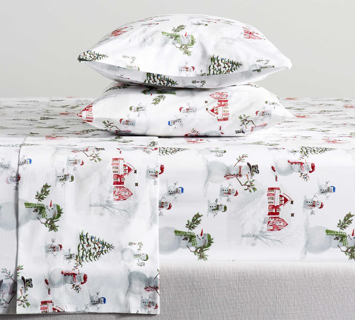 Pottery on sale Barn Snowman Barn Tree Percale Organic Cotton Sheet Set Winter Holiday