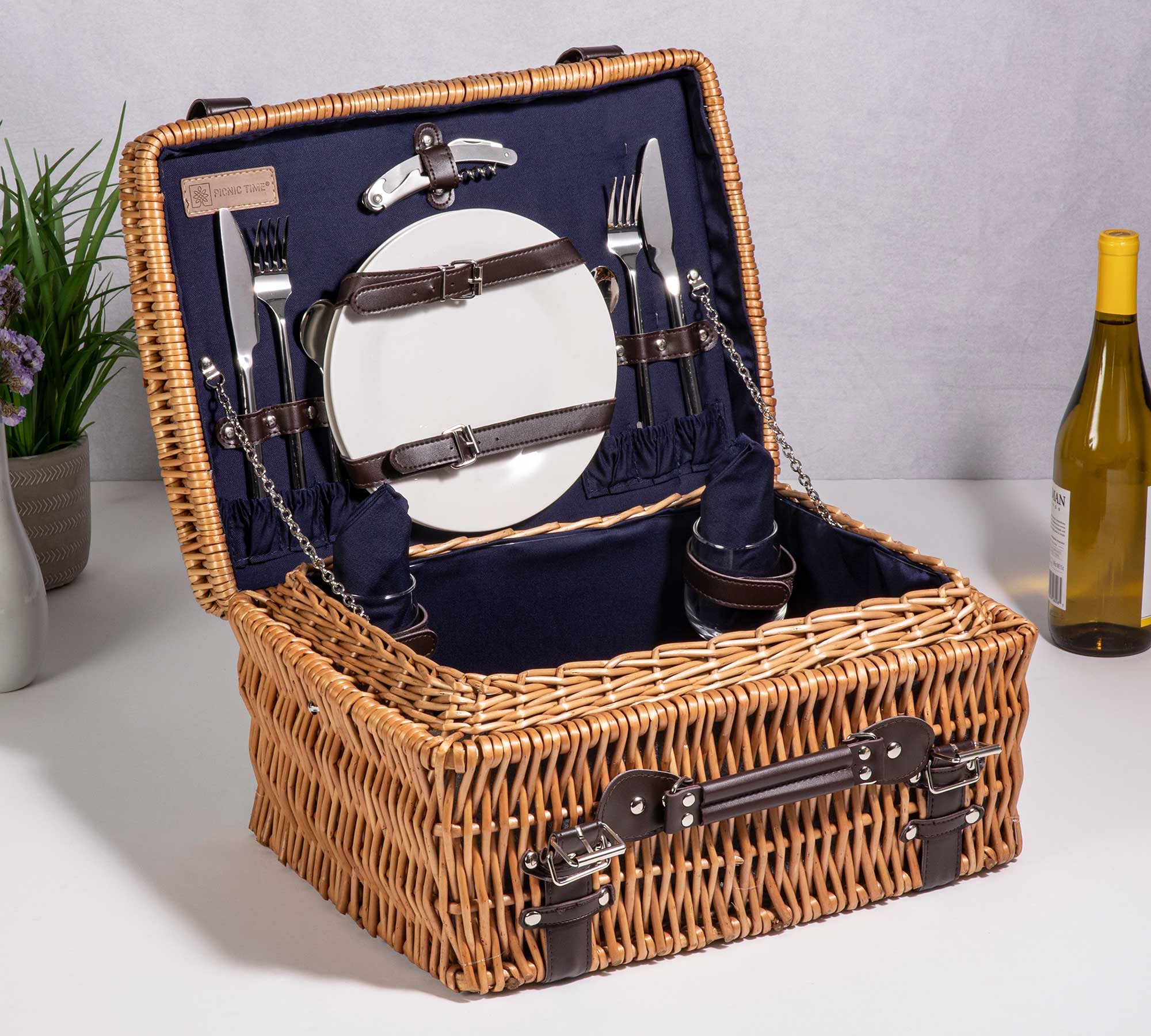 Navy Woven Picnic Basket - Set for 2