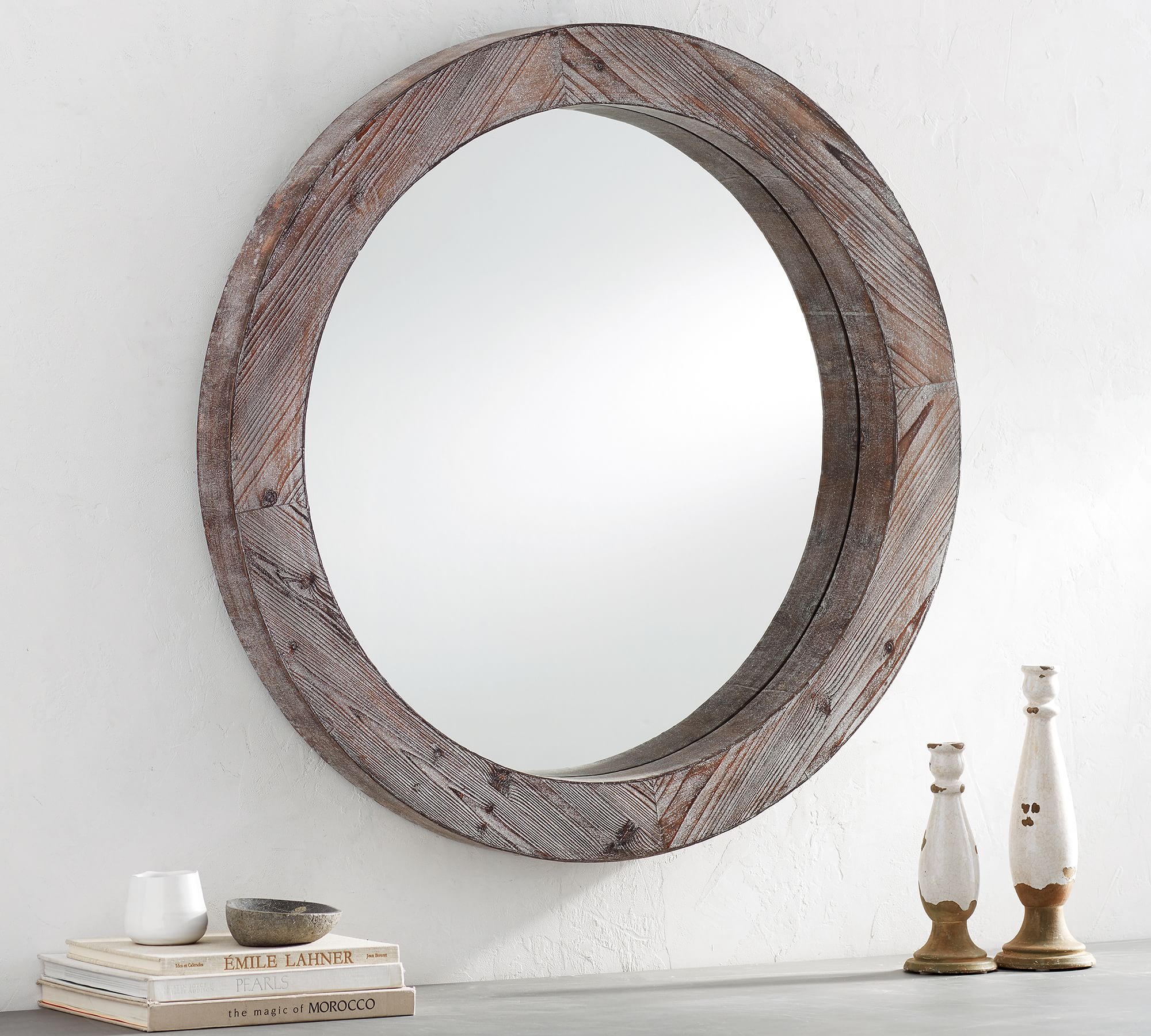 Round Wood-Framed Wall Mirror - 36"