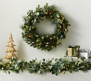 Lit Faux Eucalyptus and Pine Wreath & Garland | Pottery Barn