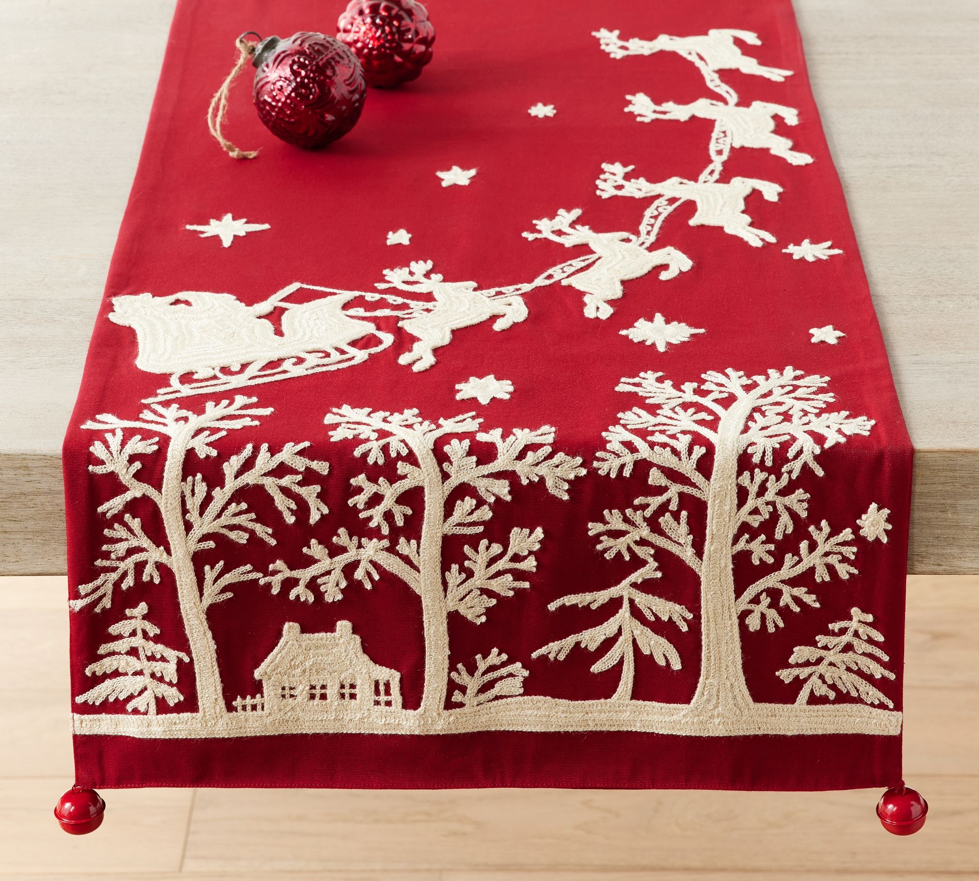 Sleigh Bell Crewel Embroidered Cotton Table Runner