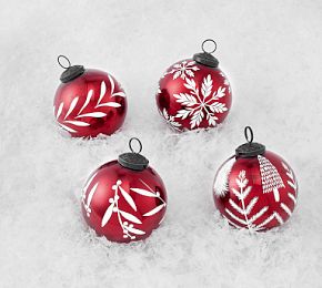 Red Etched Mercury Glass Ball Ornaments - Set of 4 | Pottery Barn