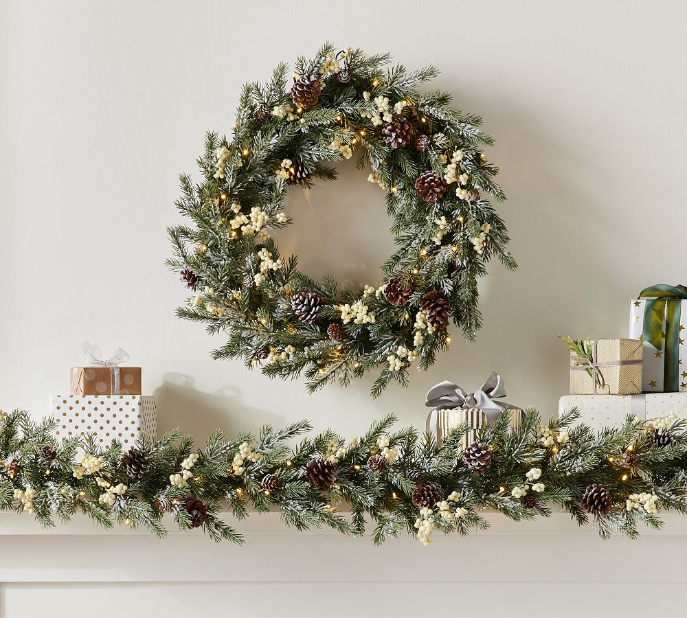 Lit Faux Frozen Pine & White Berry Wreath & Garland | Pottery Barn