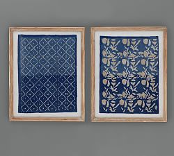 Framed Hand-Painted Blue Textile Wall Art