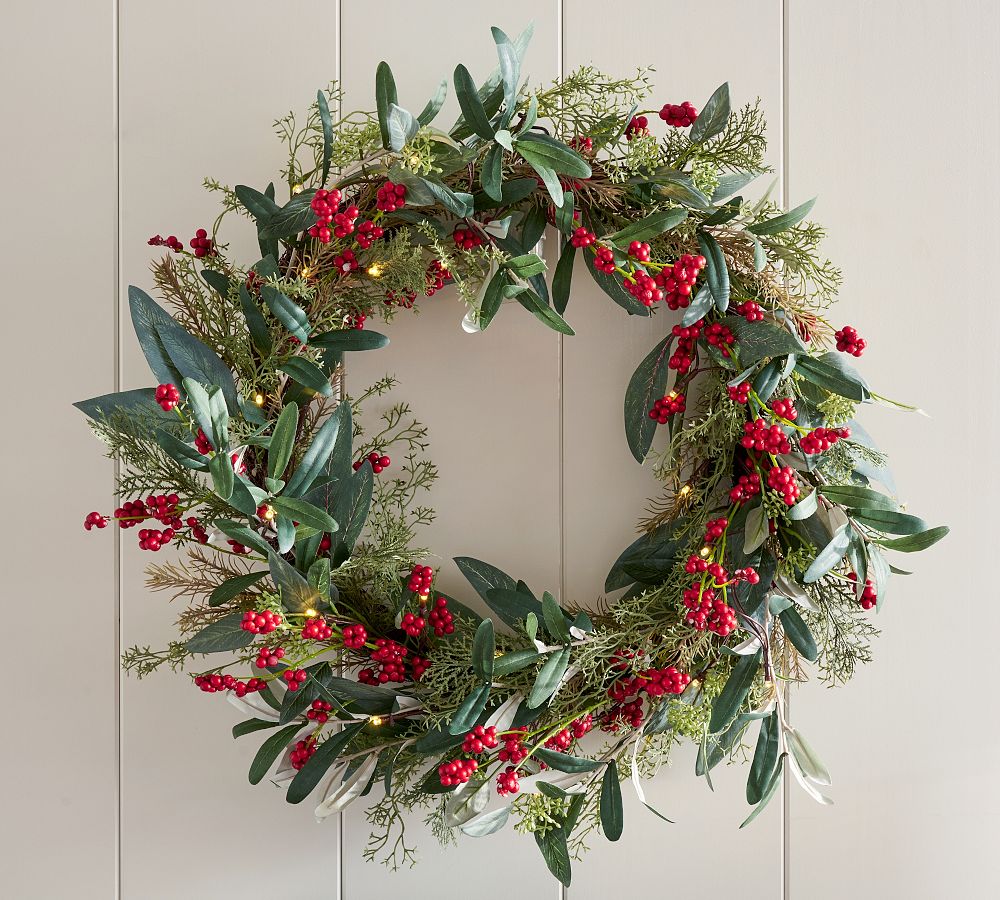 Lit Faux Eucalyptus and Berry Wreath &amp; Garland