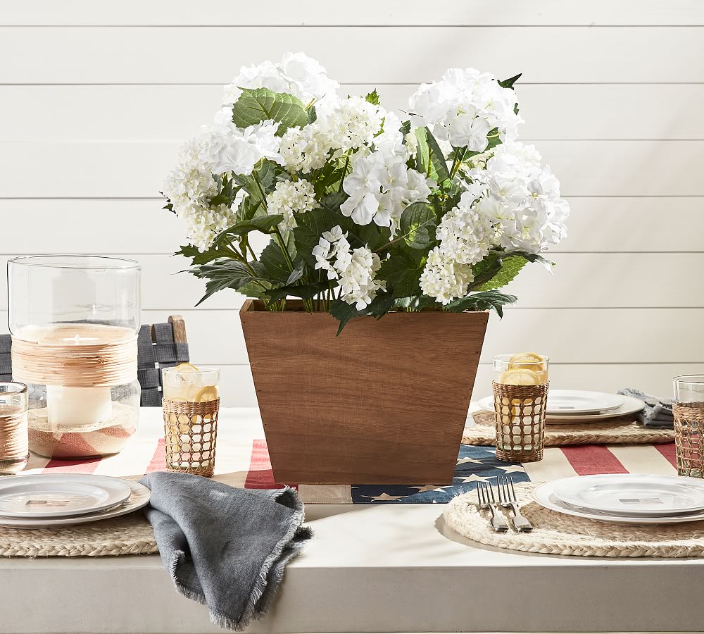 Faux Snowball Hydrangea Flower Arrangement In Wood Planter Pottery Barn