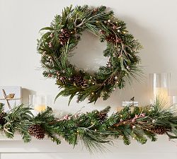 Lit Faux Tahoe Pine Wreath & Garland | Pottery Barn