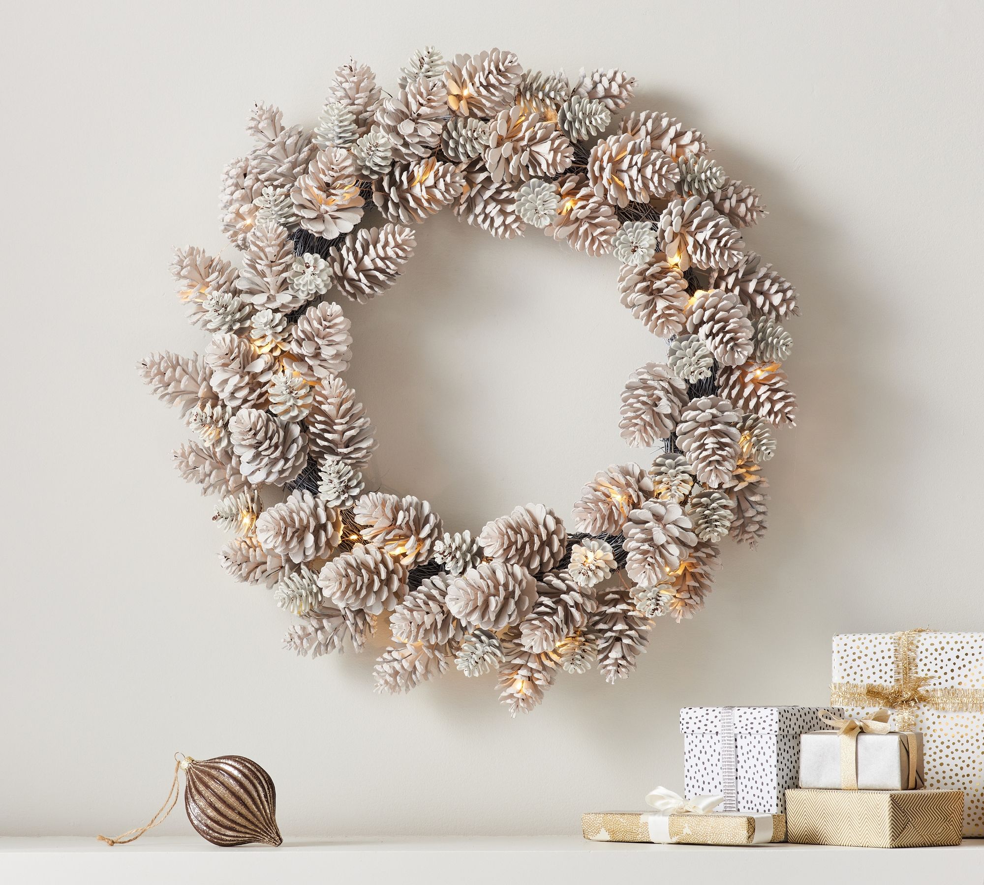 Pre-Lit Faux White Pinecone Wreath