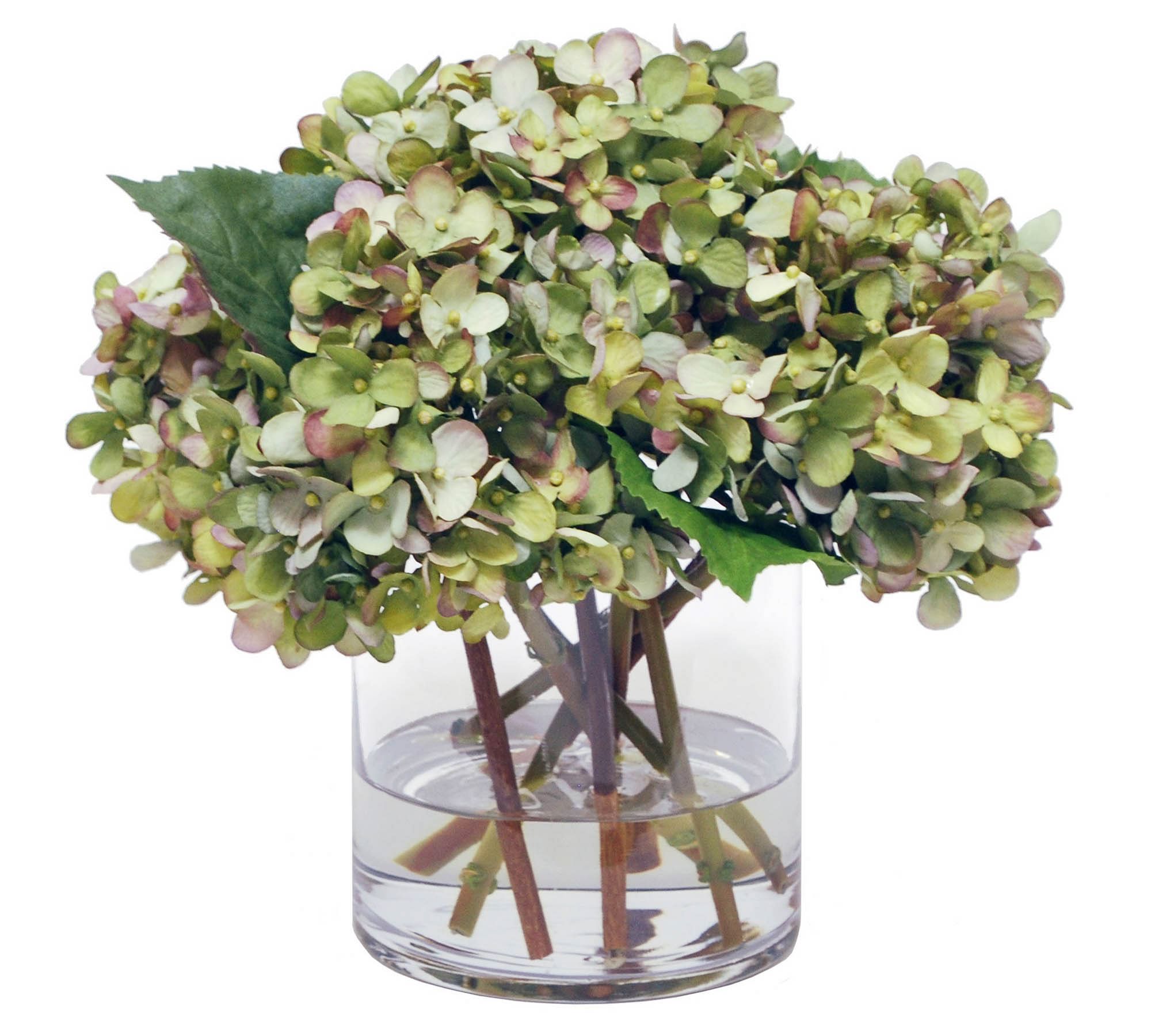 Faux Hydrangea Arrangement in Glass Vase