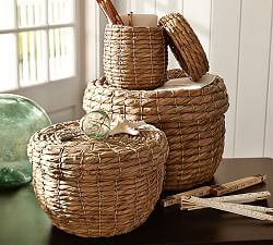 Stitched Seagrass Lidded Baskets, Set of 3