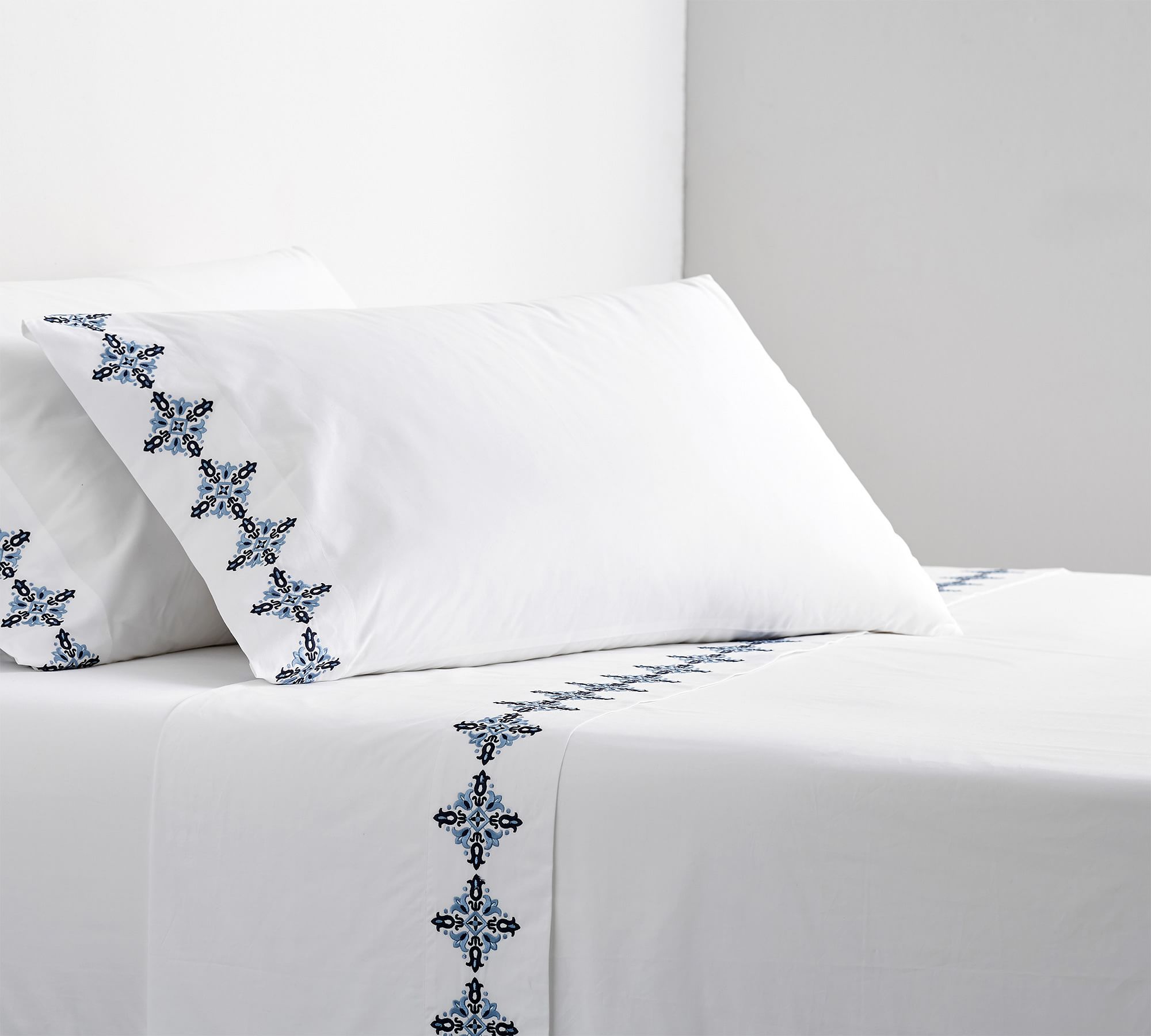 Tile Embroidered Organic Percale Pillowcases - Set of 2