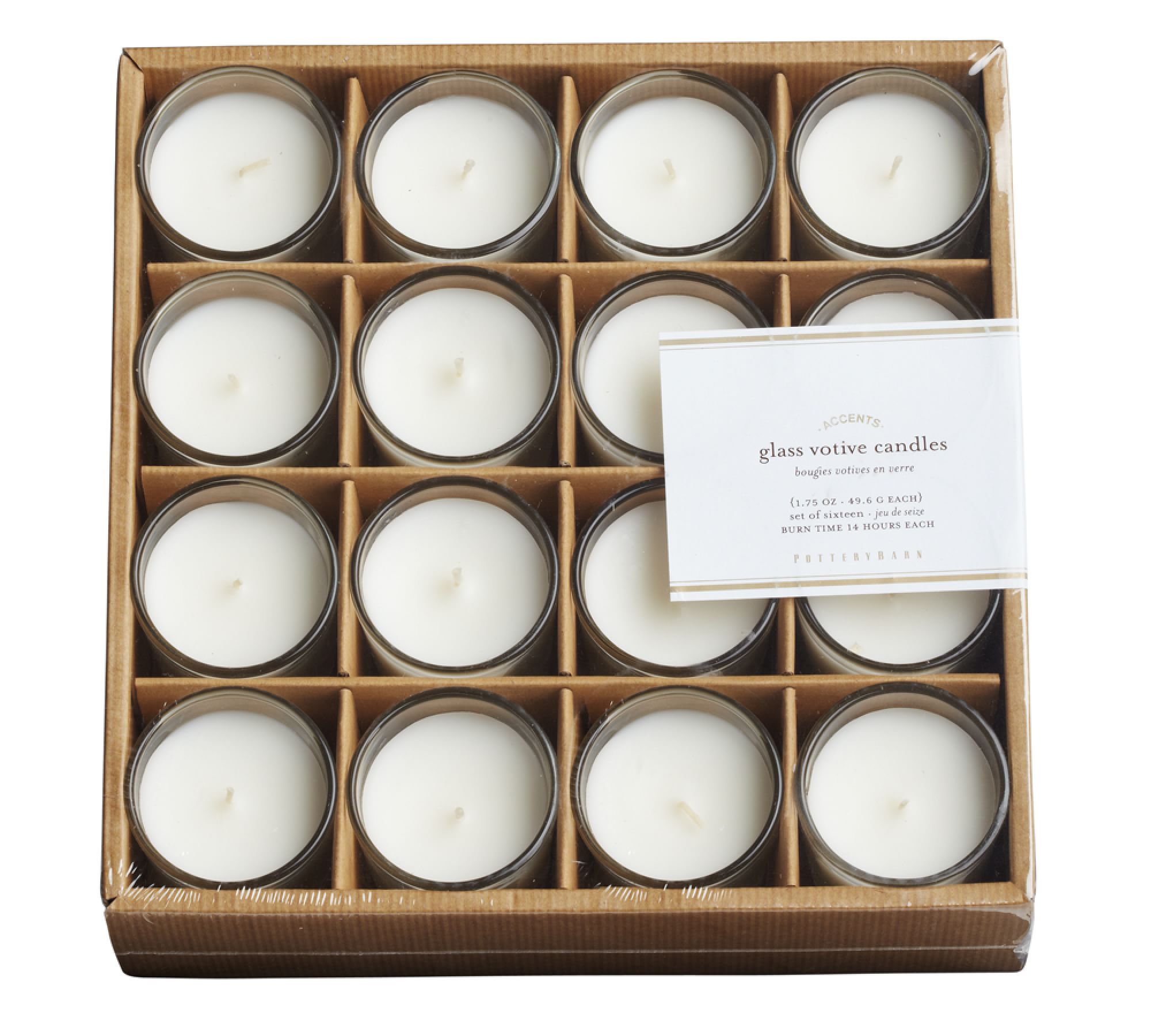 Unscented Filled Glass Votive Candles, Set of 16