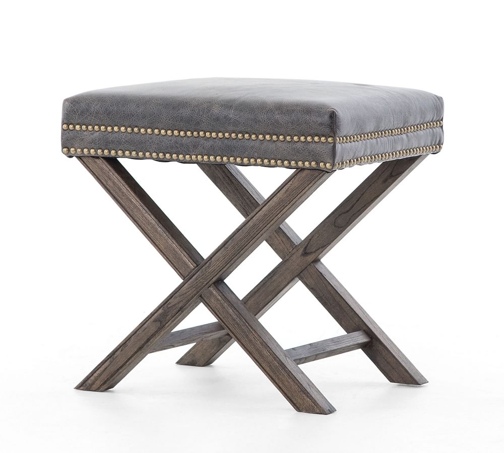 Durango Black Leather 20'' Modern Ottoman with Brass Nailheads