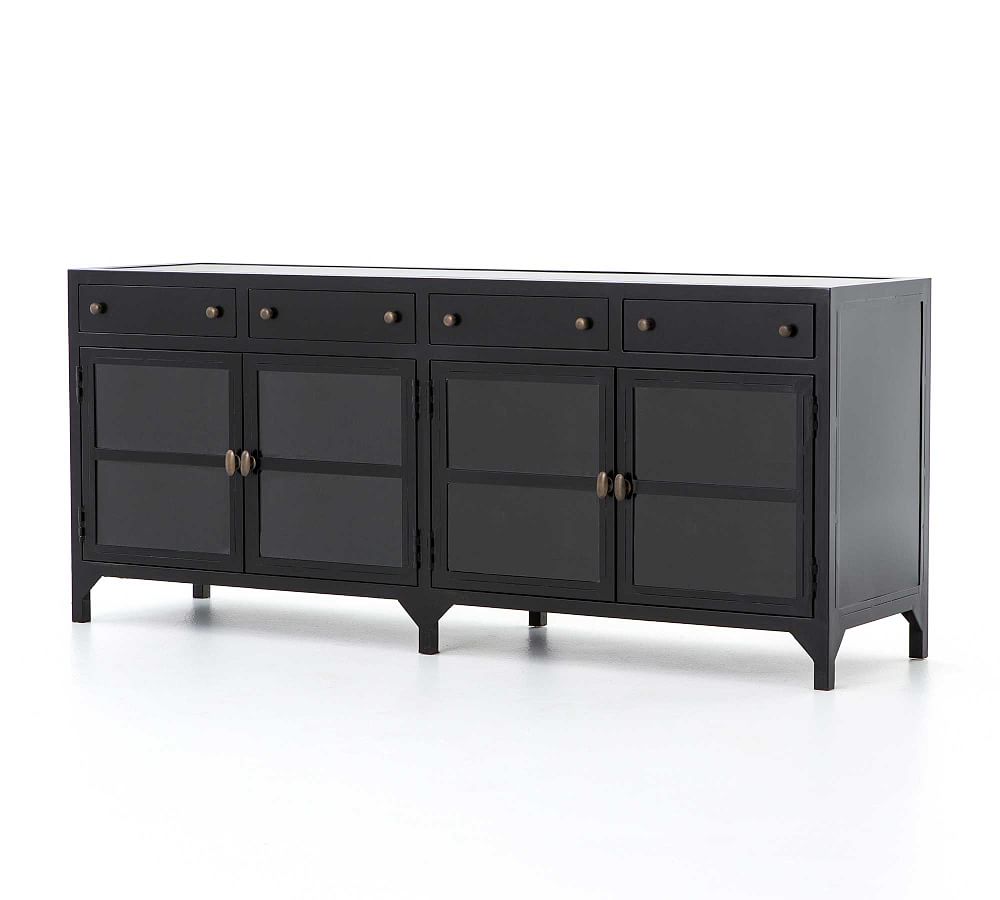 Malcom Shadow Box Design Black Iron Media Console with Glass Doors