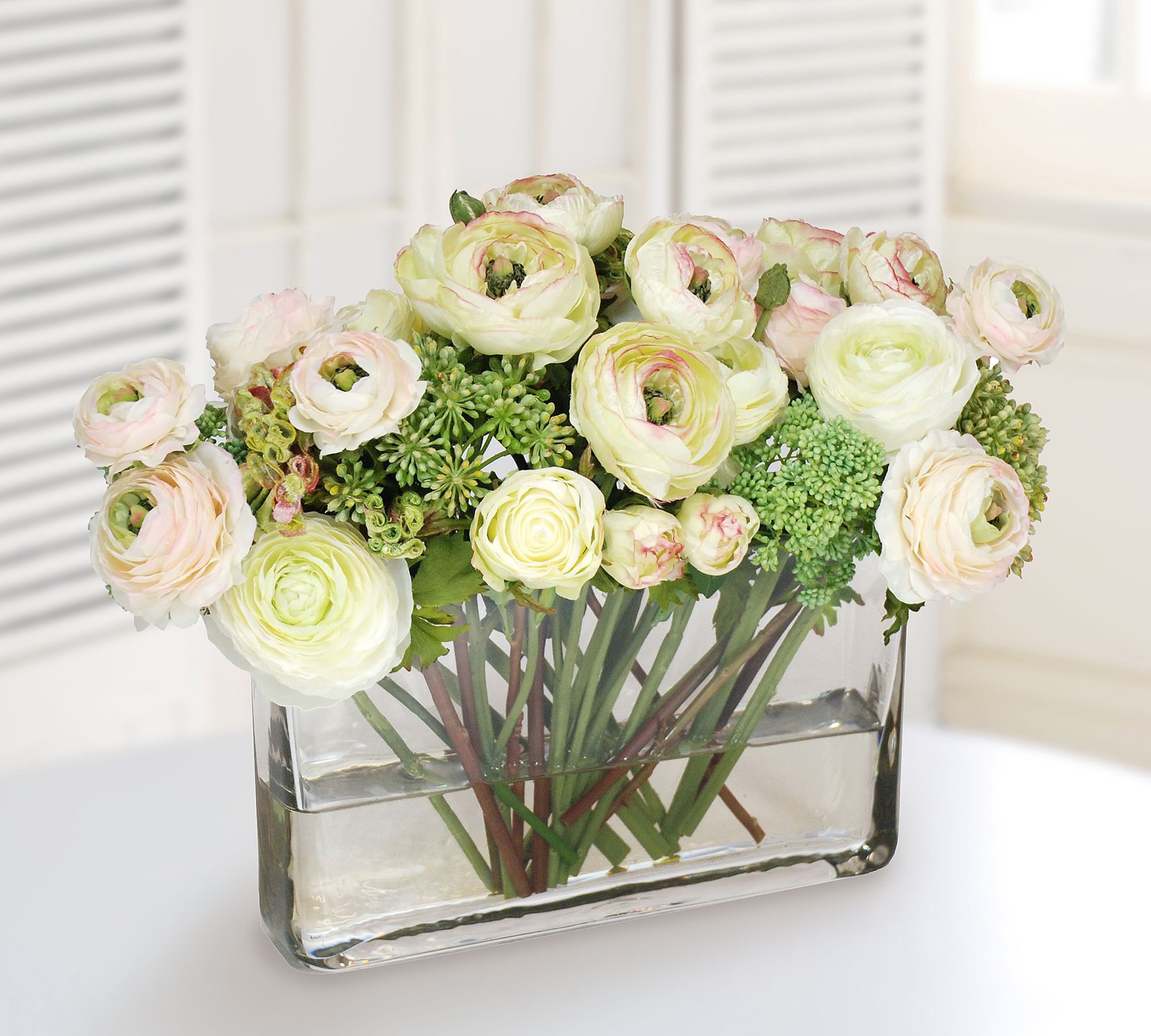 Faux Ranunculus & Rose Mix Glass Rectangle Vase