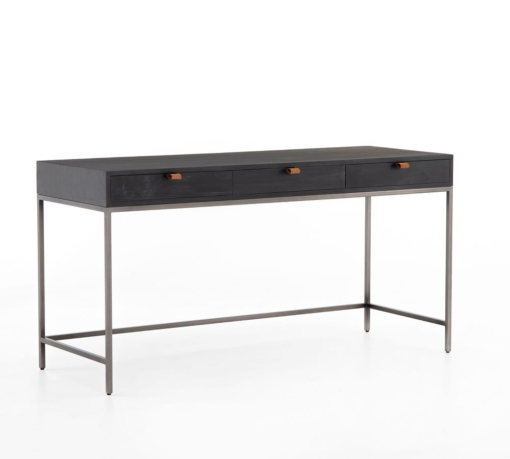Black Wash Poplar Home Office Desk with Leather Pulls