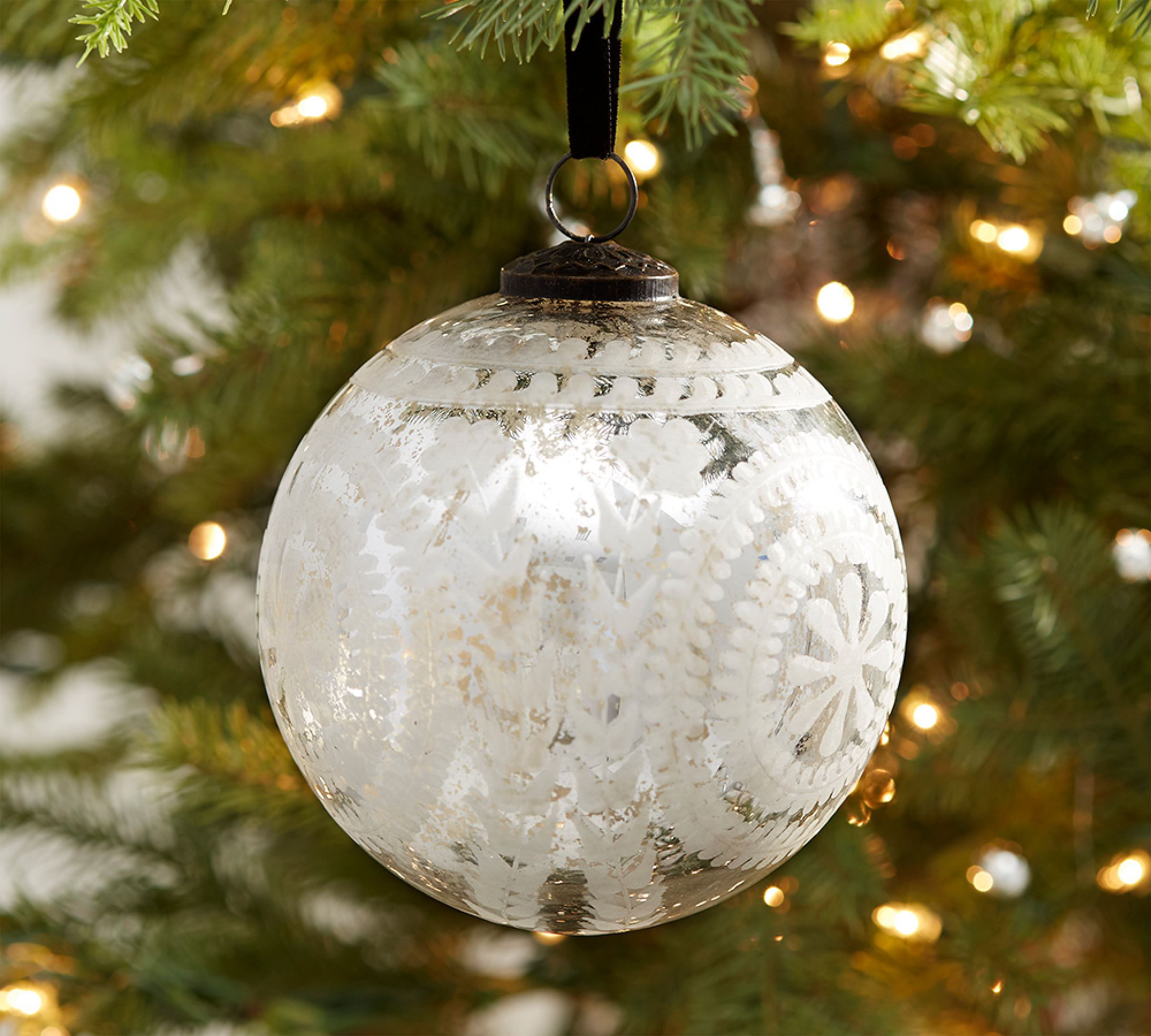 Etched Mercury Glass Ornament Sets - Silver