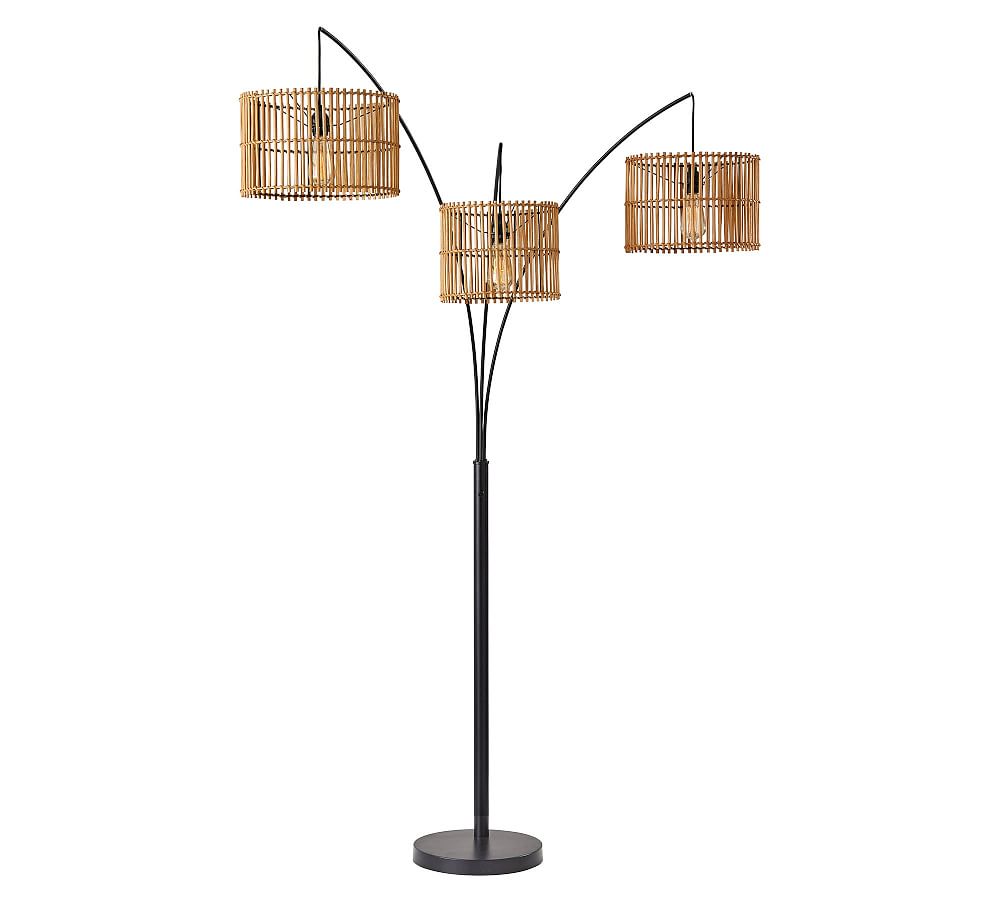Bohemian Bronze 3-Light Arc Floor Lamp with Rattan Shades