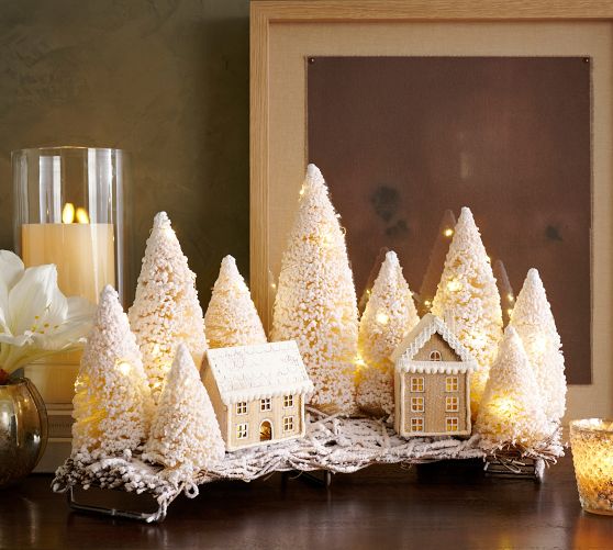 Lit Bottlebrush Winter Town Centerpiece | Pottery Barn