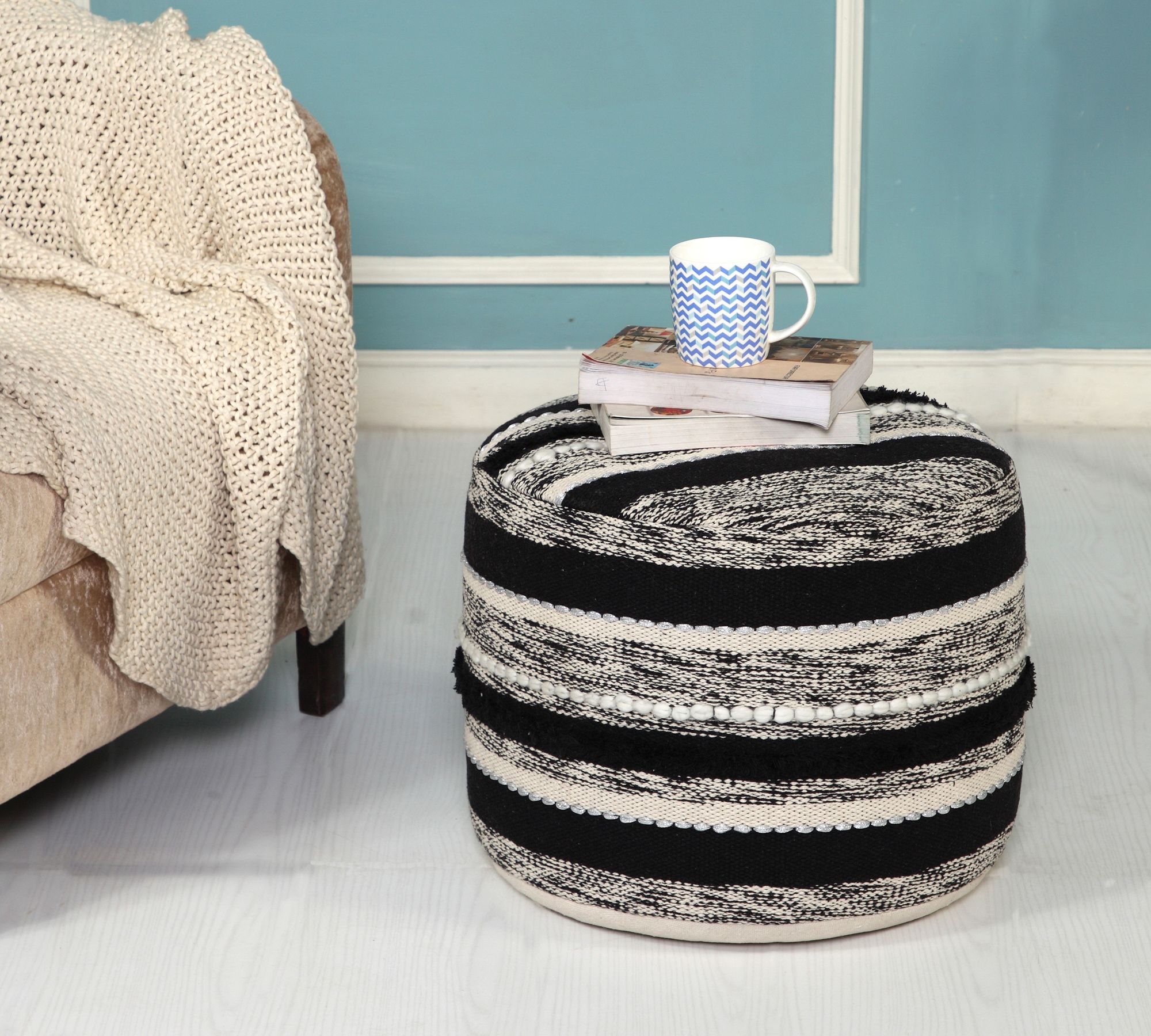 Cotton Round Black Woven Pouf