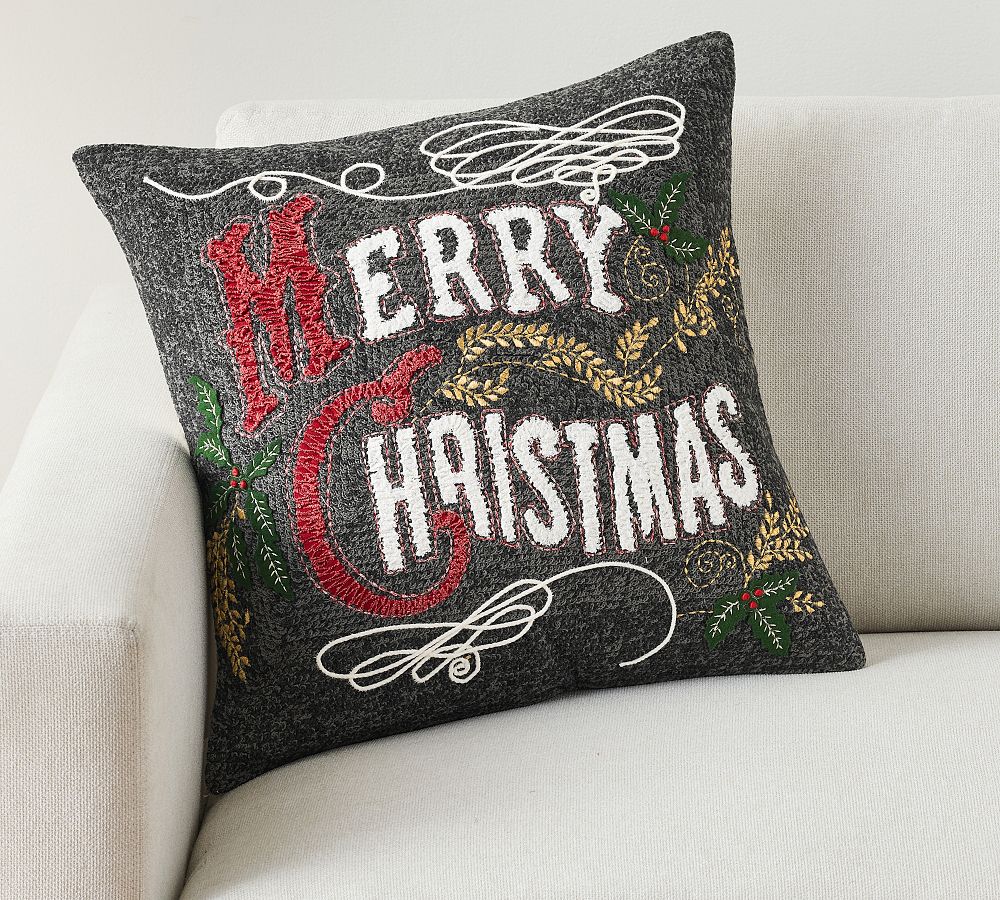 Merry Christmas Embroidered Pillow Pottery Barn