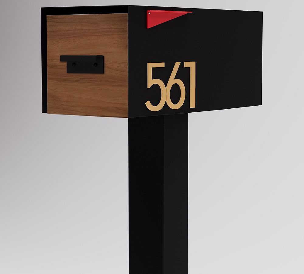 Black and Brass Aluminum Post Mounted Mailbox with Wood Door