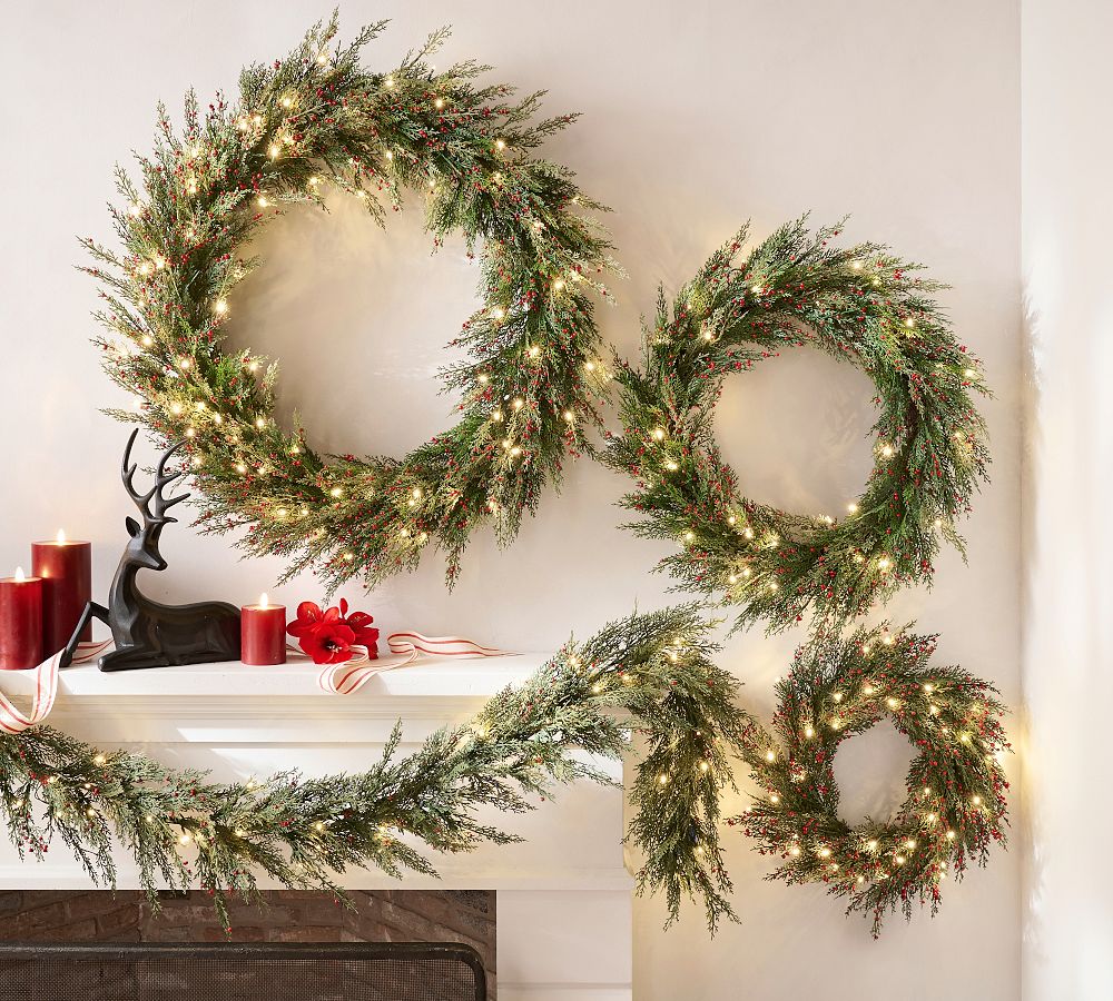 Faux Lit Cedar Berry Pine Wreath & Garland | Pottery Barn