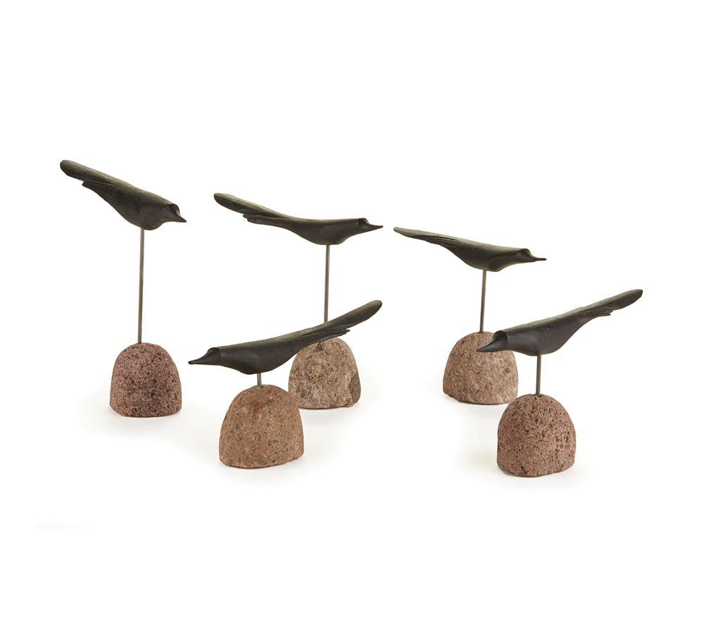 Hand-Carved Black Stone and Wood Bird Sculptures, Set of 5