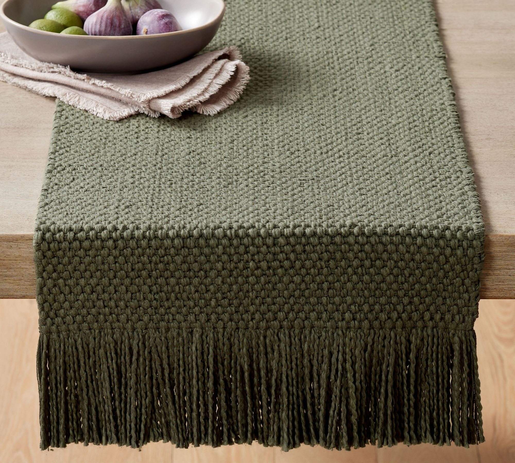 Handwoven Basketweave Cotton Fringe Table Runner