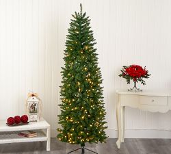 Lit Slim Green Mountain Pine Faux Christmas Tree