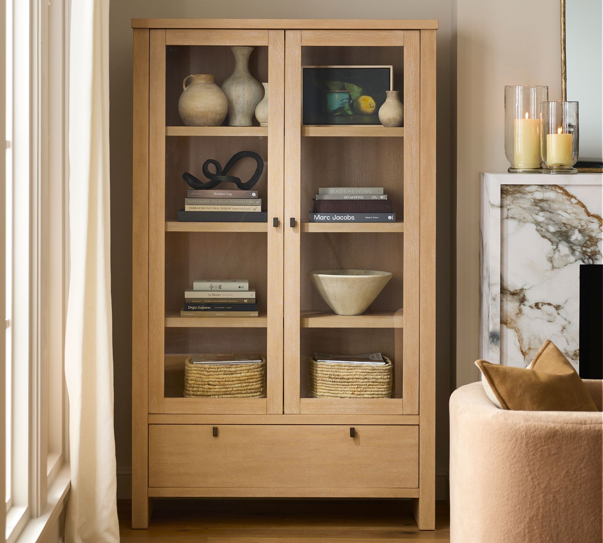 Modern Farmhouse Glass Cabinet with Drawers