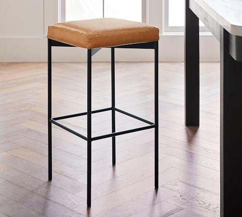 Maison Leather Backless Counter Height Bar Stool Antique Bronze Leg Vintage Caramel Pottery Barn