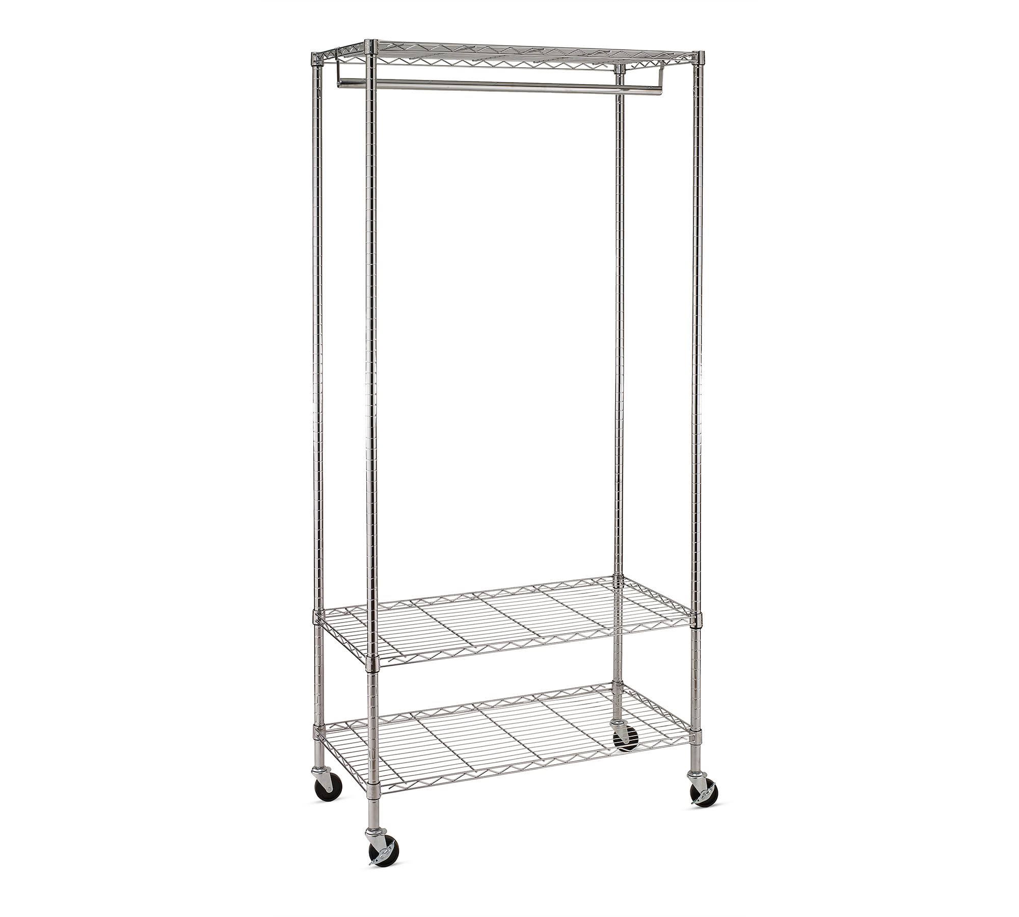 Chrome Rolling Clothing Rack with Shelves