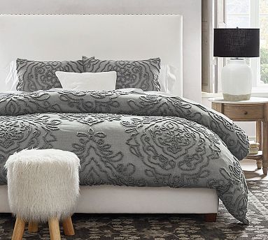 Pottery Barn Gray Genevieve Scroll Jacquard outlets Duvet, Full/Queen incl. 2 Euro Shams