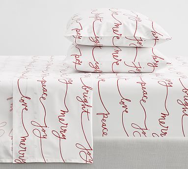 Pottery Barn Sentiment shops Organic Percale Sheet Set Christmas King NEW White Red