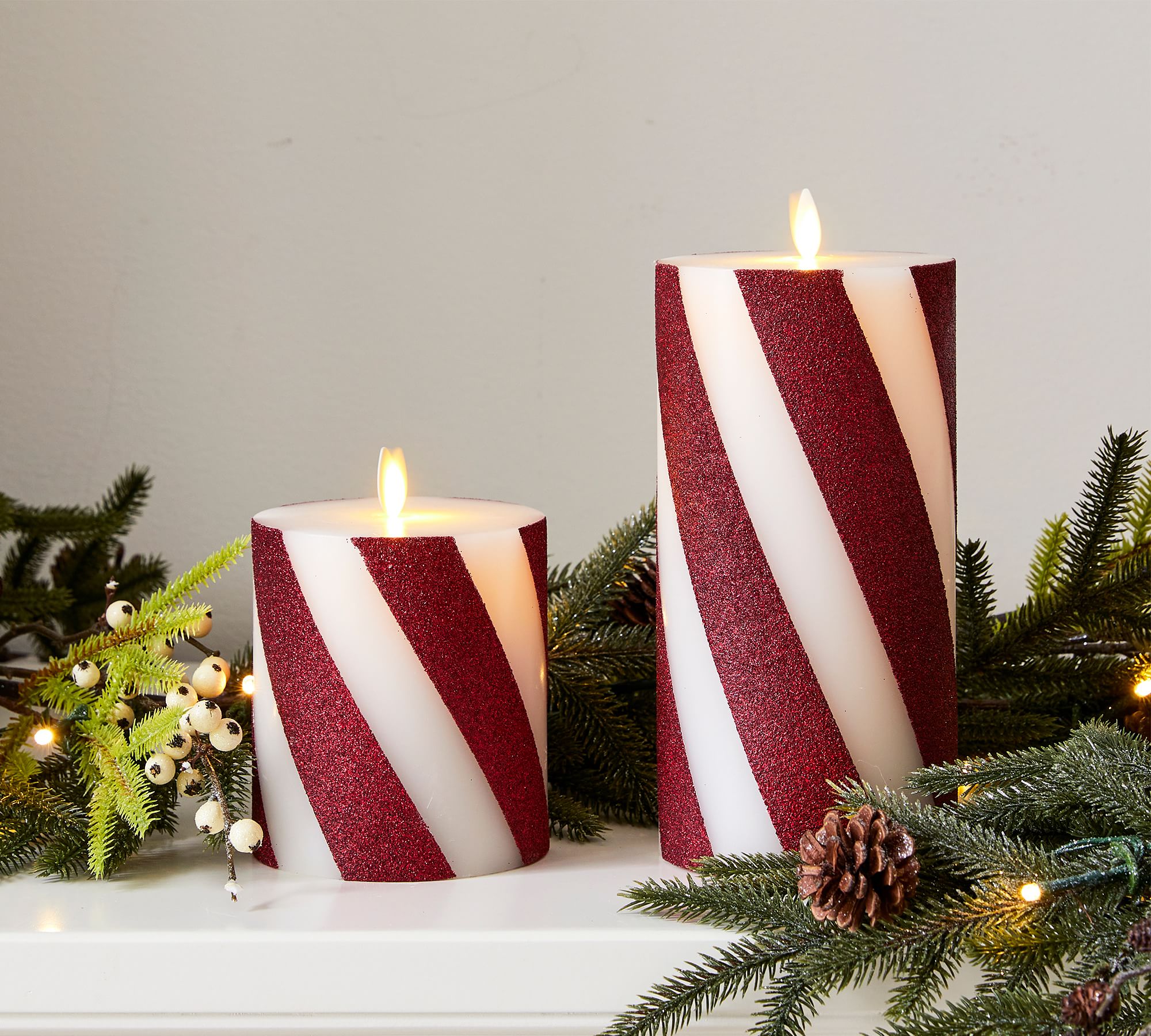 Premium Flickering Flameless Wax Pillar Candles - Candy Striped