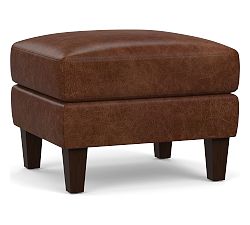 Harlow Leather Ottoman without Nailheads, Polyester Wrapped Cushions, Statesville Molasses