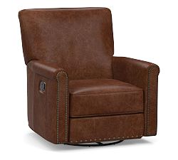 Irving Roll Leather Grand Swivel Recliner with Nailheads, Polyester Wrapped Cushions, Statesville Molasses