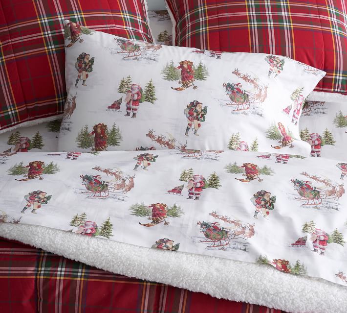 Pottery Barn selling Sentiment Organic Percale Sheet Set Christmas King NEW White Red