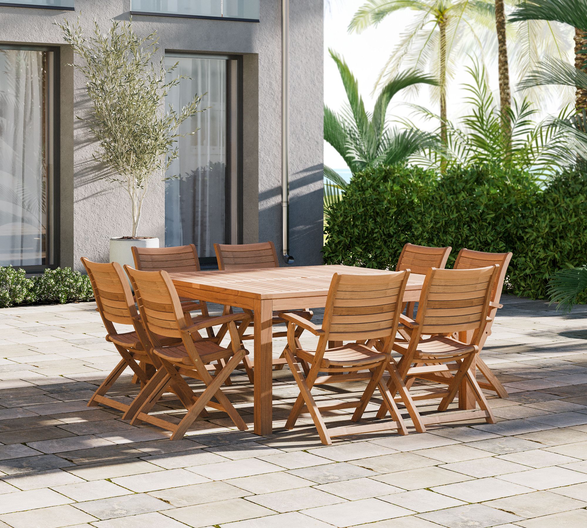 Saldano 9-Piece Teak Square Dining Table with Maya Folding Dining Armchair Set