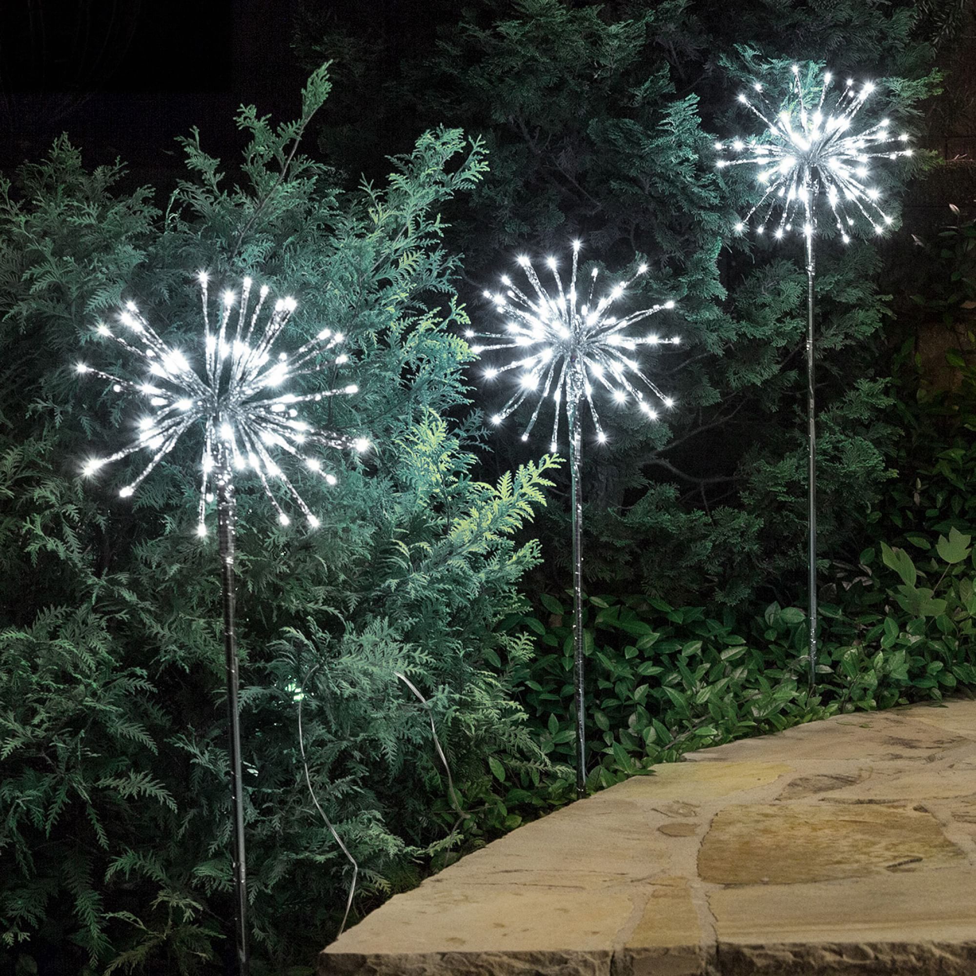 Cool White Starburst Lit Stakes - Set Of 3