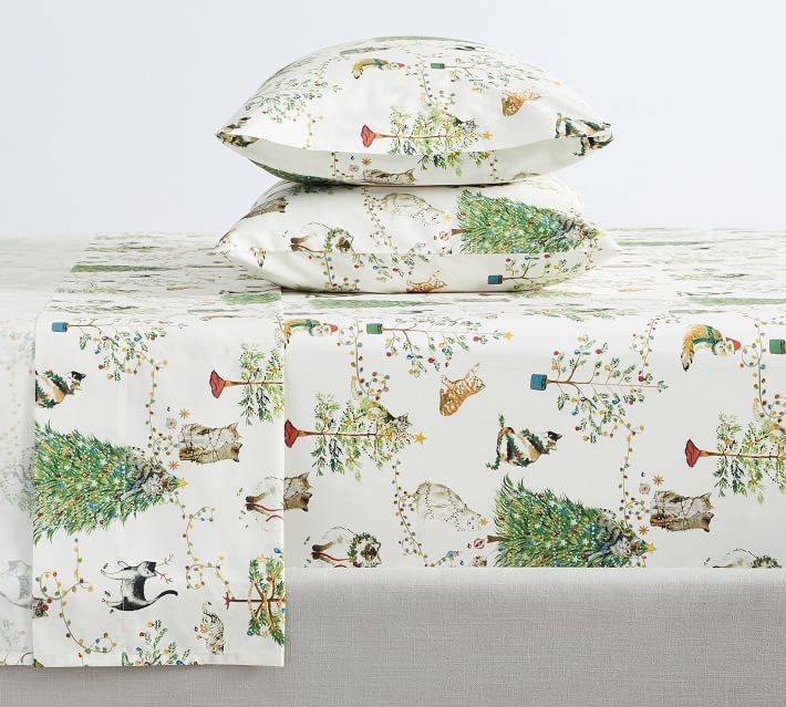 Open Box Festive Cats Percale Sheet Set