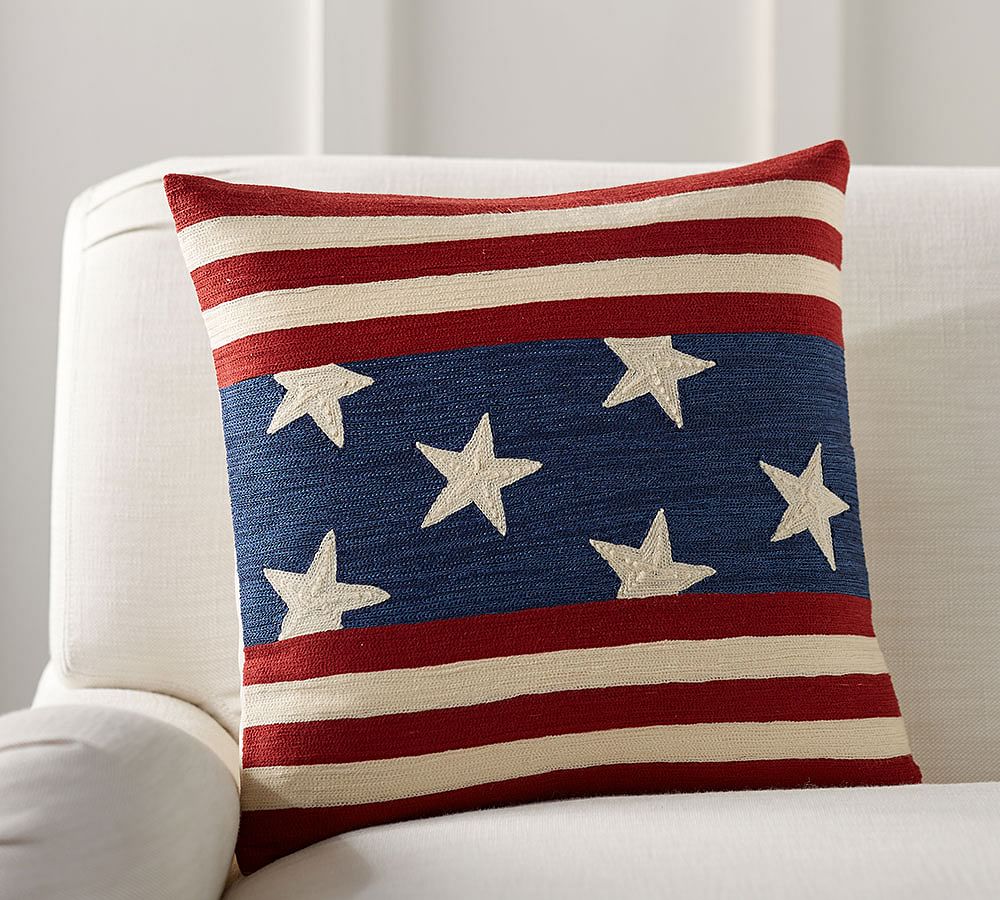 Patriotic Red White and Blue Embroidered Cotton Pillow Cover