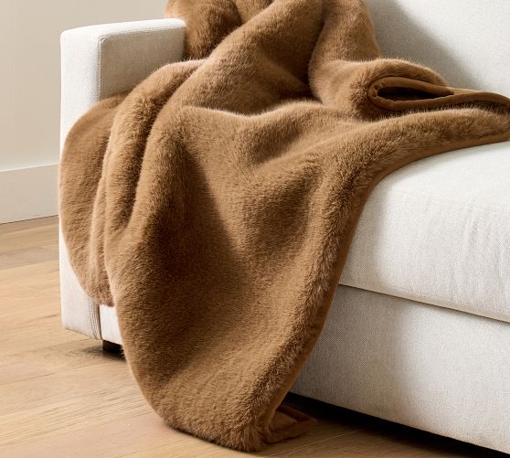 Pottery Barn Tan outlet Chenille Throw Blanket Brown Faux Fur Trim 50