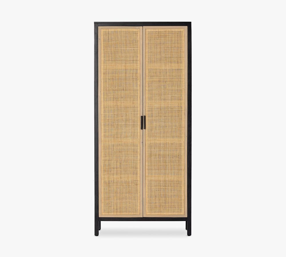 Tall Black and Natural Mango Wood Storage Cabinet with Cane Doors