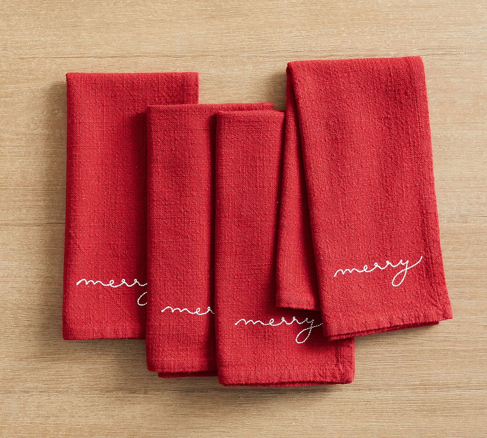 Merry Embroidered Cotton Napkins - Set of 4